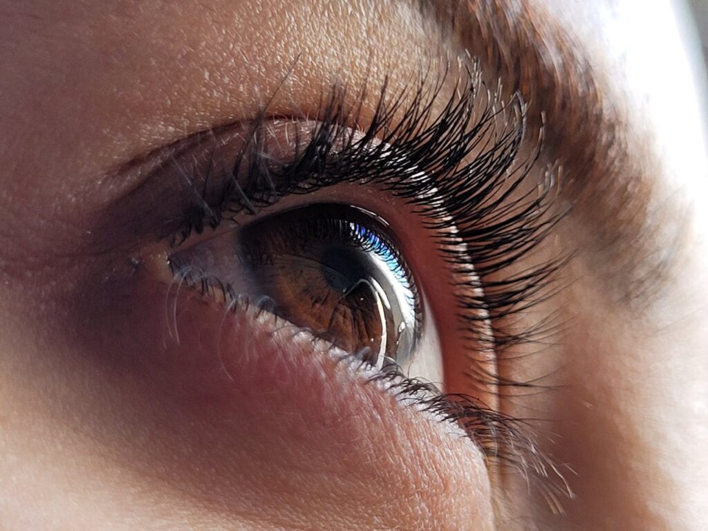 Detailed macro shot of a human eye showcasing the iris and long eyelashes.